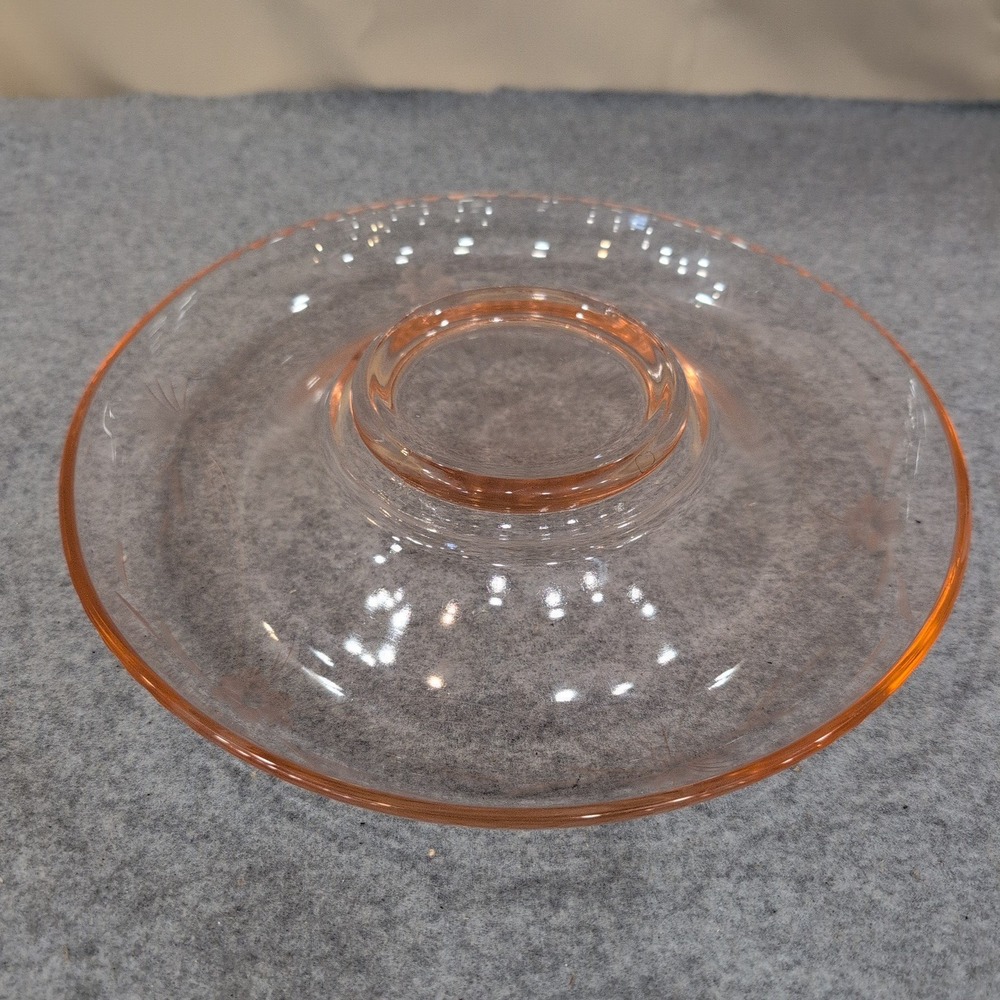 Vintage Pink Depression Glass Etched Floral Console Bowl Centerpiece Dish Rose - Picture 7 of 7